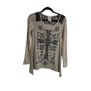 Vocal USA Tan Gray Beaded Sequin Embellished Long Sleeve Top Cross Womens Size S